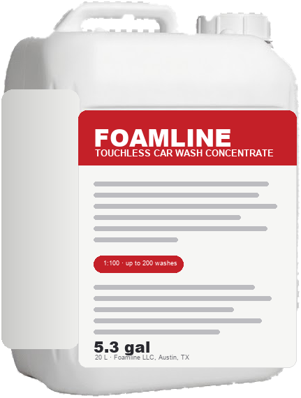 A 5.3 gal (20 L) canister of Foamline touchless car wash concentrate