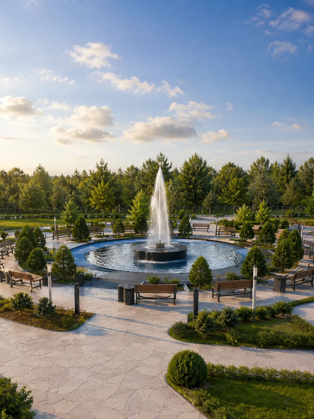 Fountain plaza at golden hour